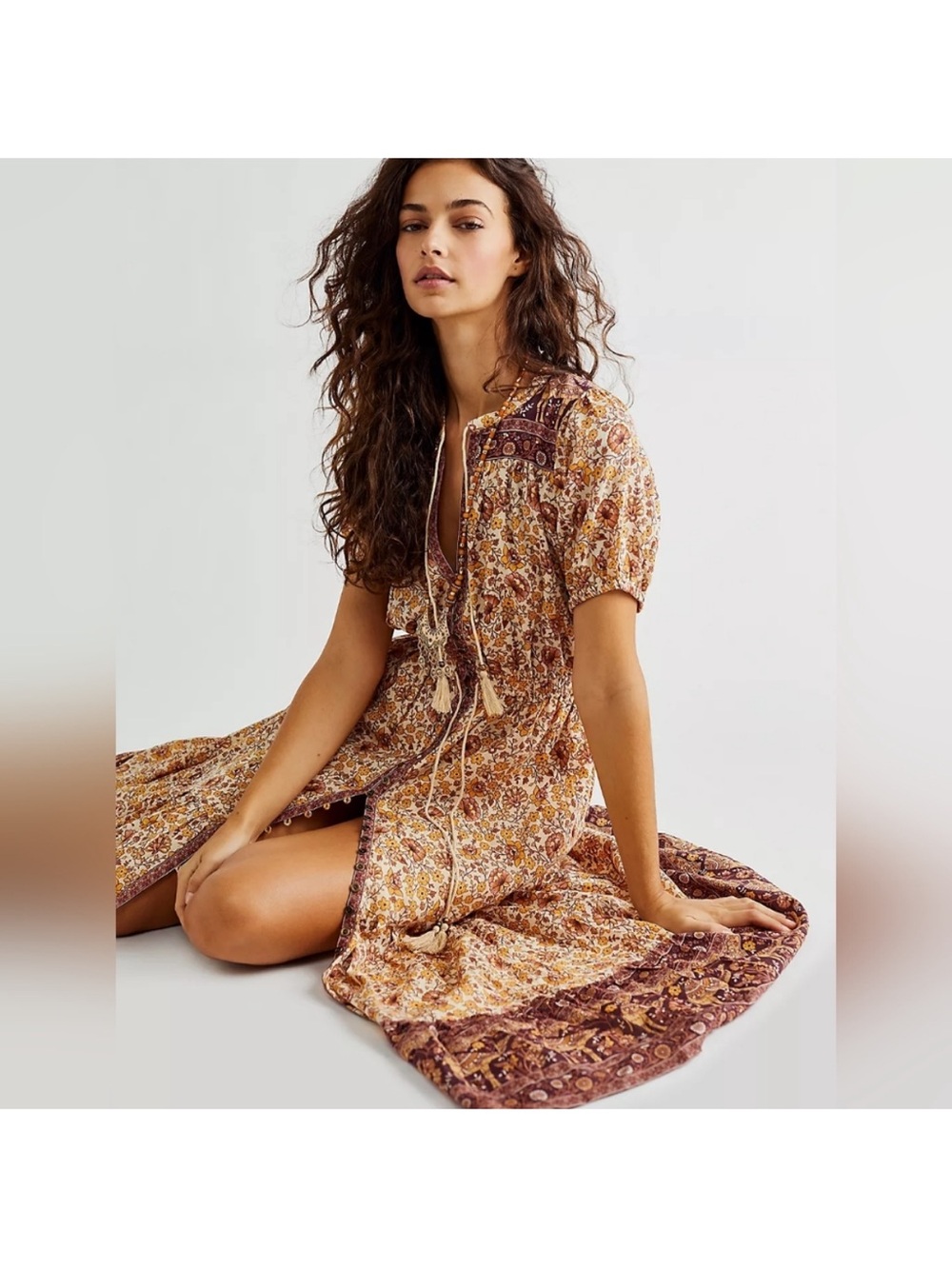 Spell sundown spice Boho Floral Midi Dress - Brown & Cream Paisley